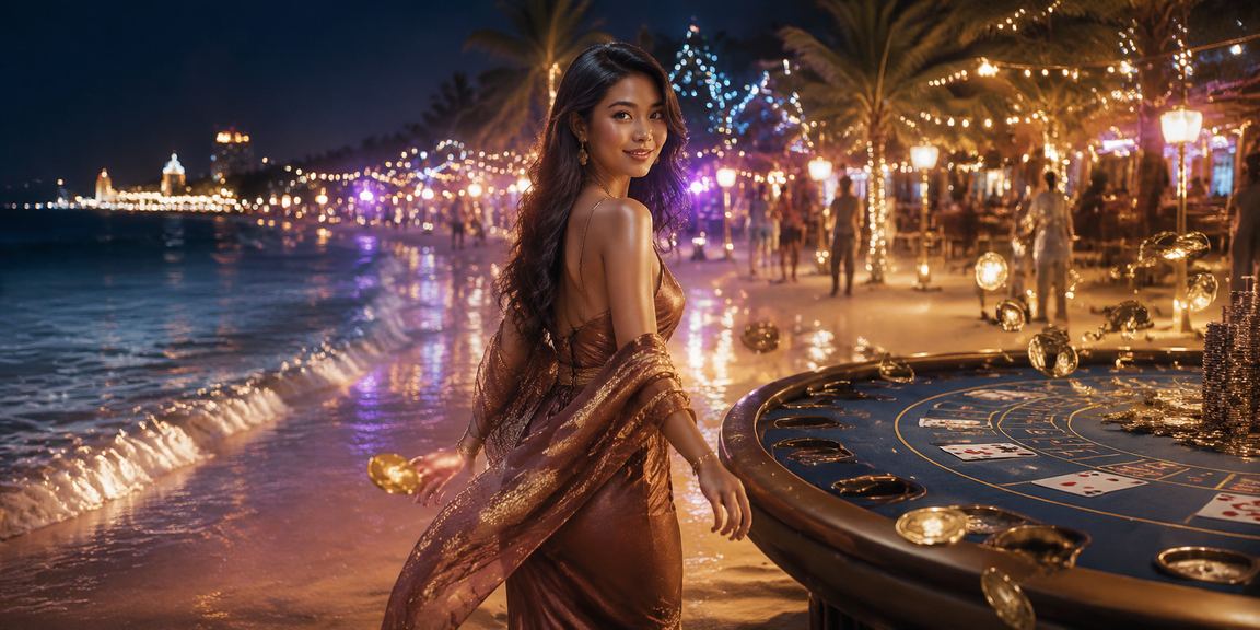 Dealer baccarat di meja kasino dengan suasana pasar malam penuh cahaya
