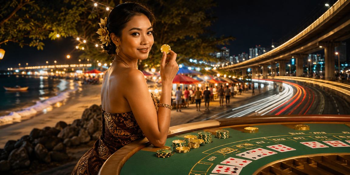 Meja baccarat kasino malam hari dengan lampu pasar yang penuh warna