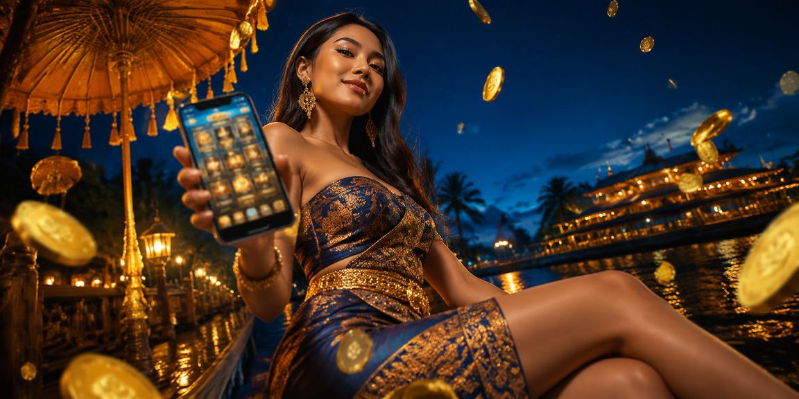 Model menggunakan ponsel untuk bermain casino online di suasana modern