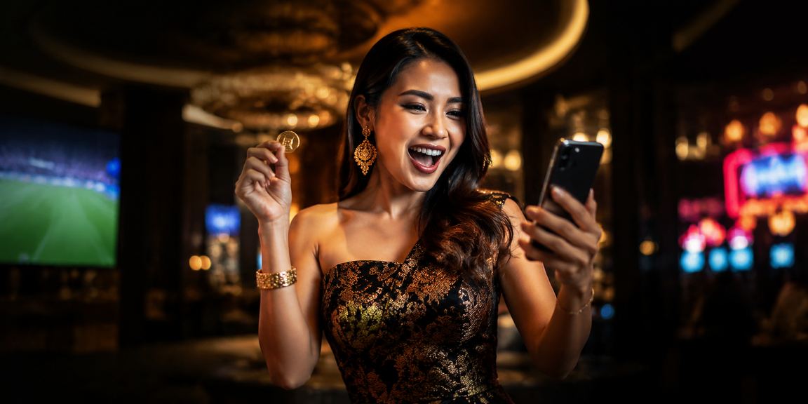 Model bermain kasino via ponsel dengan ekspresi santai dan menikmati permainan